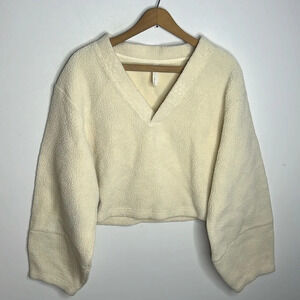 NAP Loungewear Teddy Sherpa Fleece Cropped Sweater Cream V Neck Balloon Sleeve